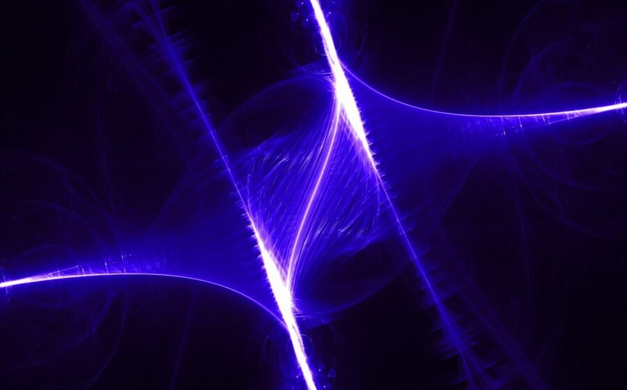 Abstract purple luminous flowing energy lines representing a conceptual connection between consciousness and the cosmos