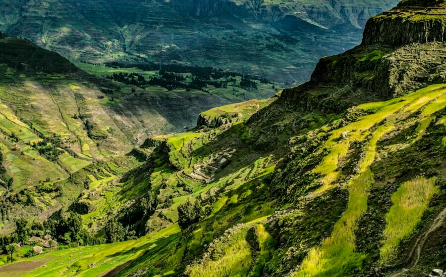 Mountain landscape in Ethiopia photographed on a journey toward Abune Yosef; illustrative photograph.