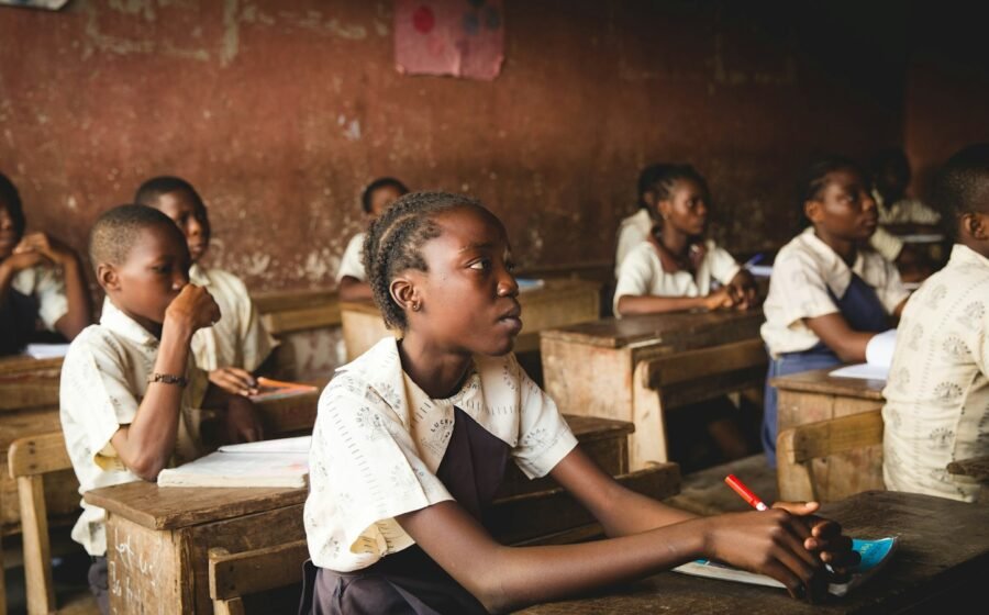 Illustrative classroom photograph; not one of the schools studied in Benin or Madagascar