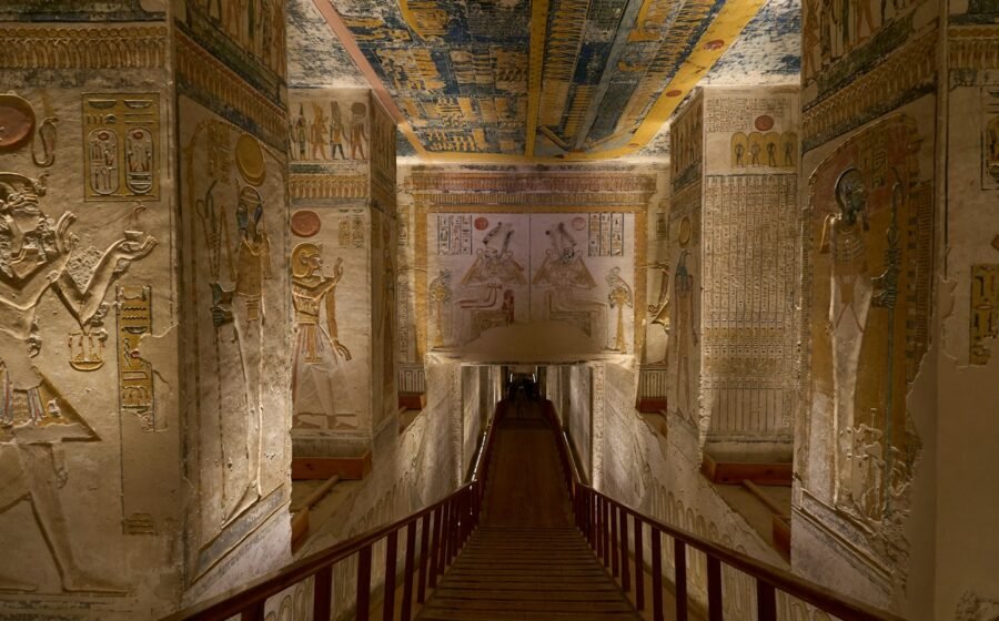 Illustrative photograph of decorated ancient Khemetic tomb artwork; not the restored Tondo of the Two Brothers