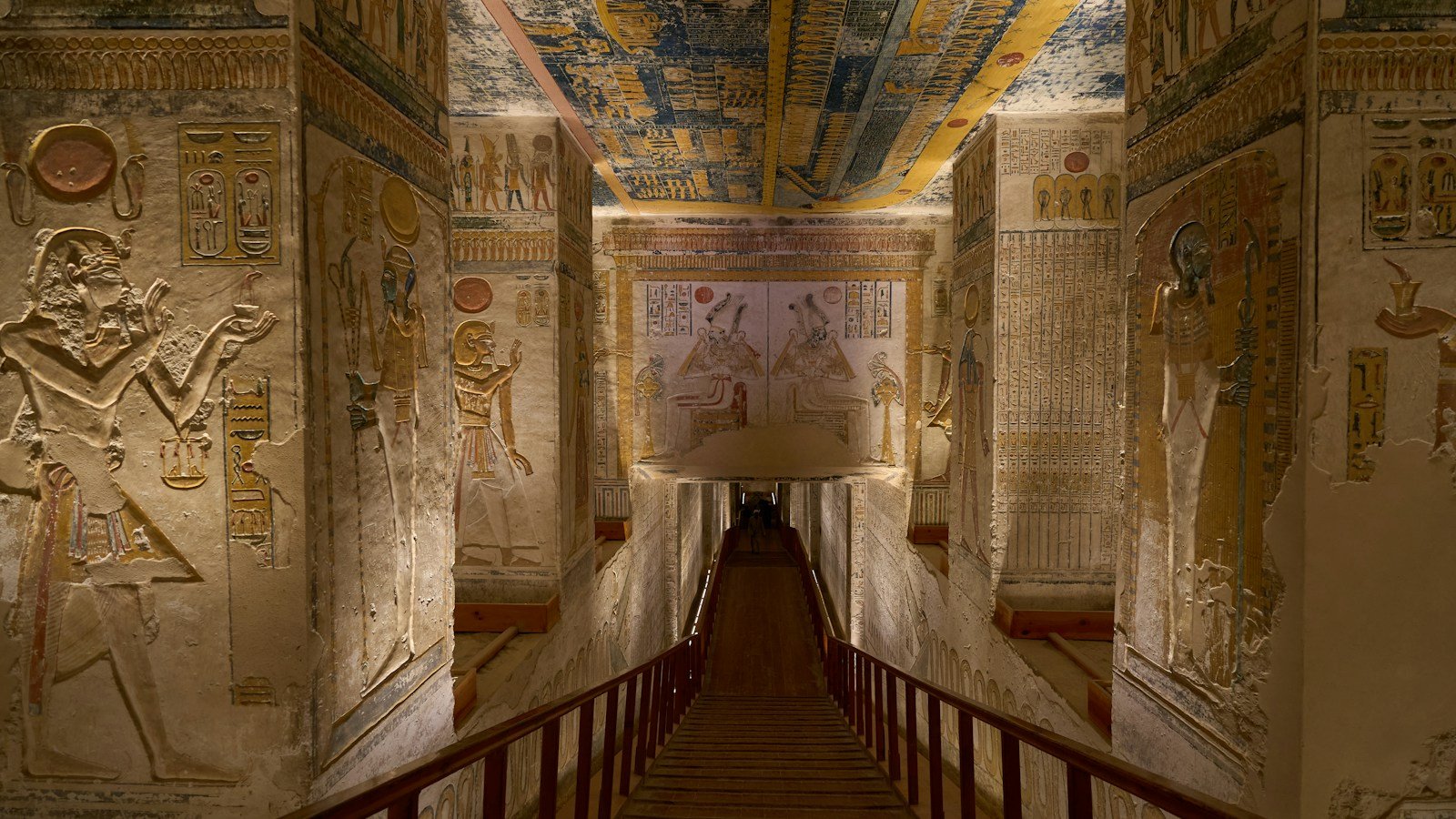 Illustrative photograph of decorated ancient Khemetic tomb artwork; not the restored Tondo of the Two Brothers