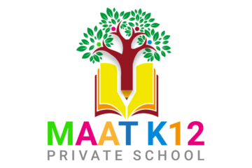 MAAT K12 Private School logo with tree and open book on a widescreen canvas
