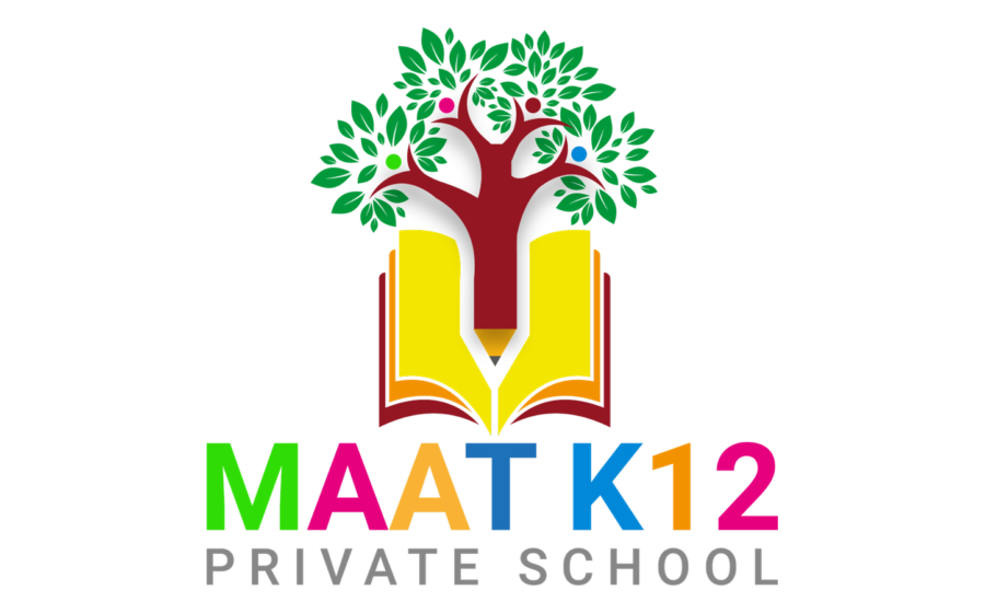 MAAT K12 Private School logo with tree and open book on a widescreen canvas