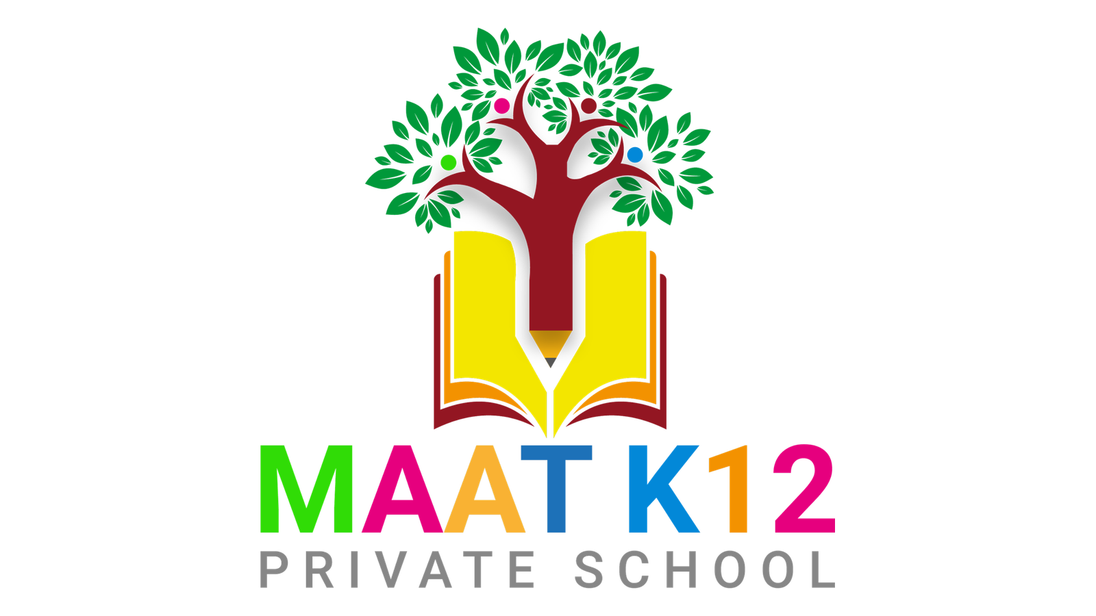 MAAT K12 Private School logo with tree and open book on a widescreen canvas