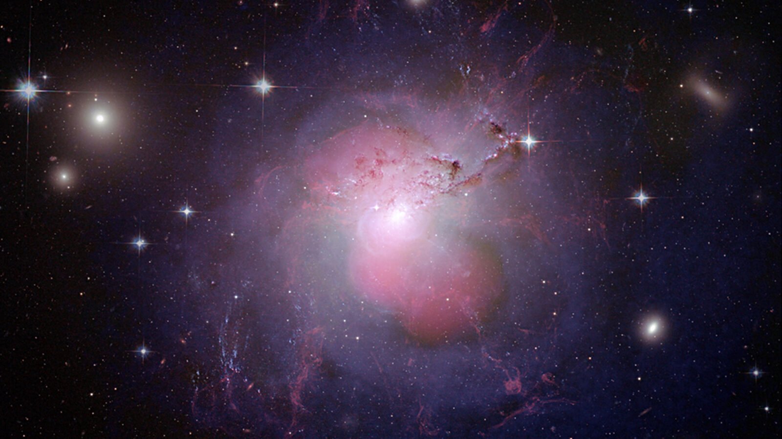 Multi-wavelength composite of active galaxy NGC 1275 with radio lobes and surrounding X-ray emission in the Perseus Cluster