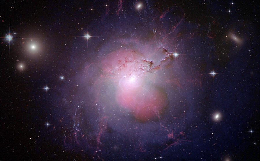 Multi-wavelength composite of active galaxy NGC 1275 with radio lobes and surrounding X-ray emission in the Perseus Cluster