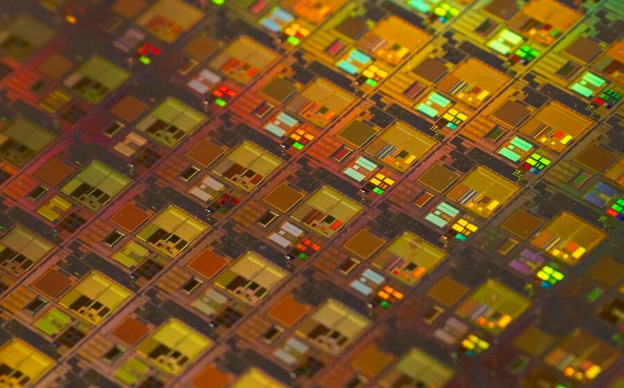 Magnified semiconductor circuitry resembling a chip wafer, illustration of advanced semiconductor production