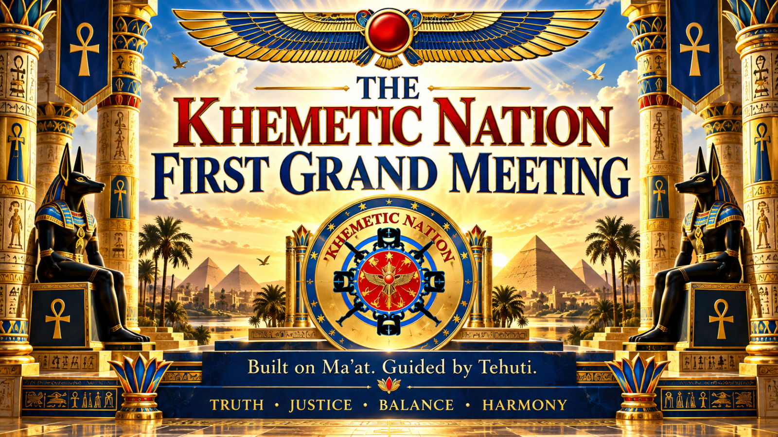 Royal blue and gold Khemetic Nation First Grand Meeting announcement artwork with winged emblem, symbolic columns, and the message Built on Ma’at, Guided by Tehuti. Conceptual illustration.