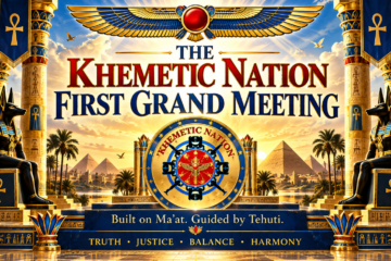 Royal blue and gold Khemetic Nation First Grand Meeting announcement artwork with winged emblem, symbolic columns, and the message Built on Ma’at, Guided by Tehuti. Conceptual illustration.