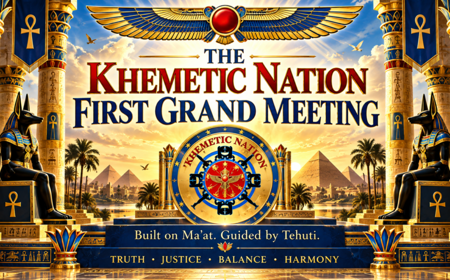 Royal blue and gold Khemetic Nation First Grand Meeting announcement artwork with winged emblem, symbolic columns, and the message Built on Ma’at, Guided by Tehuti. Conceptual illustration.