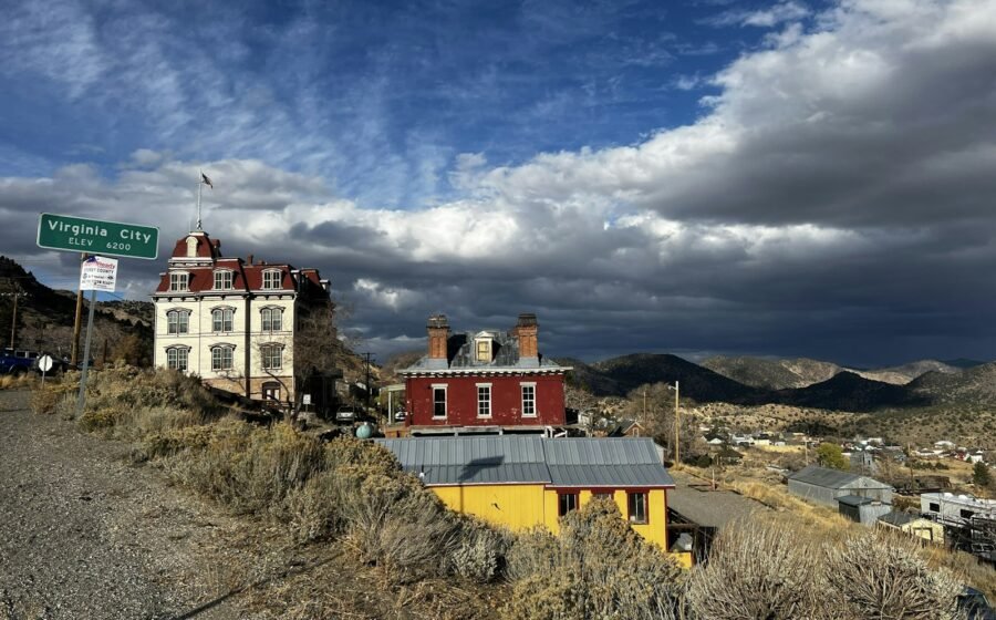 Historic buildings in Virginia City, Nevada, under a cloudy sky